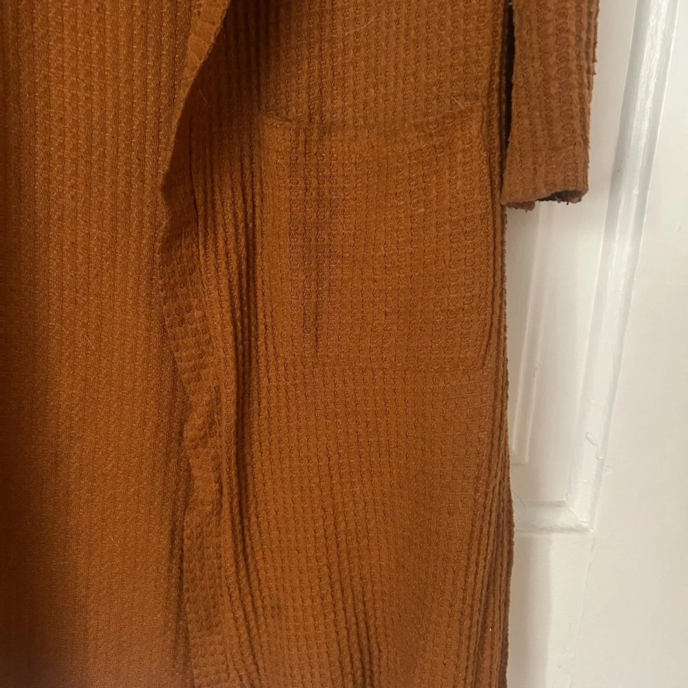Long Open-Front Rust Brown Waffle Knit Cardigan Sweater - Picture 2 of 6